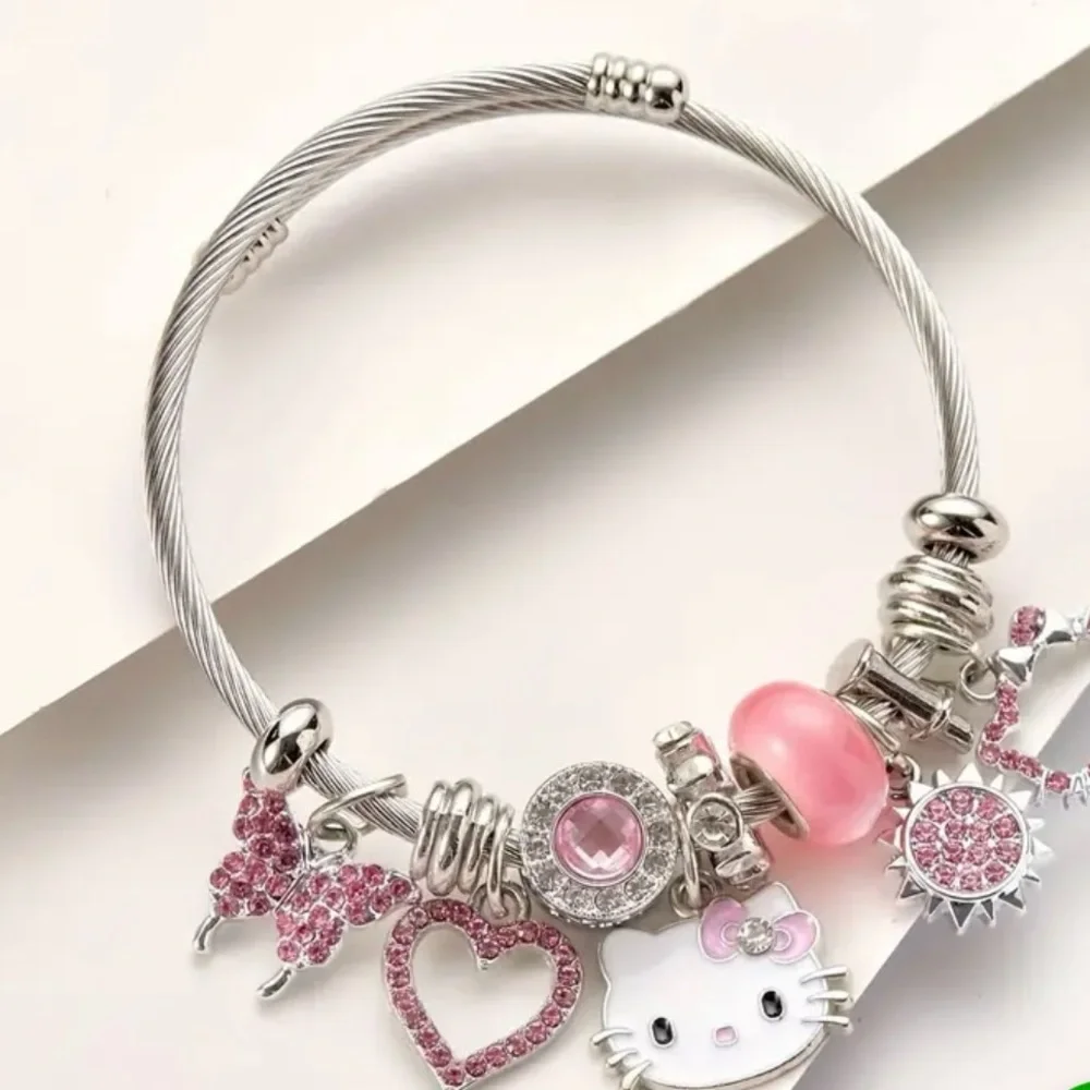 Hello Kitty Pink and Silver Charm Bracelet and Necklace Jewelry Set NIB